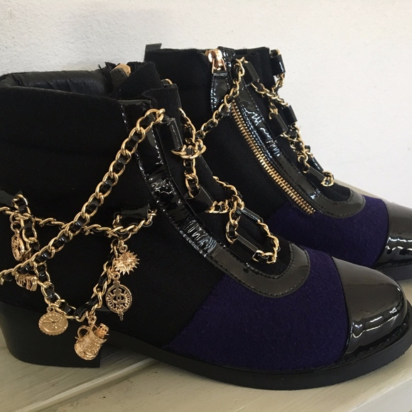 Black & Purple Winter Ankle Boots Gold Zip Chains - Picture 5 of 5